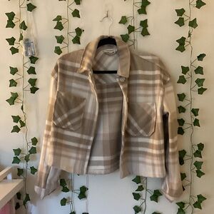 Francesca's Collections Plaid Teddy Jacket in Cream and Tan (Size S)